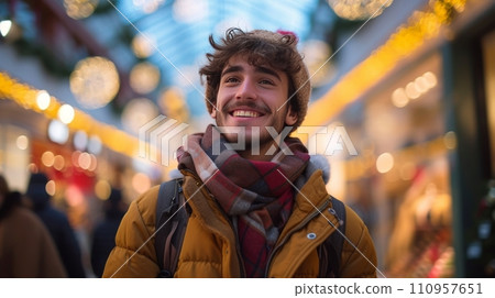 A Young Man Delights in Shopping for Gifts at the Mall. 110957651