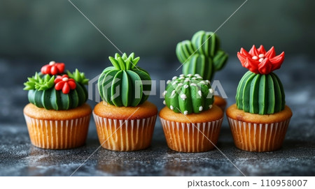 Delicious cupcakes in the shape of cacti 110958007