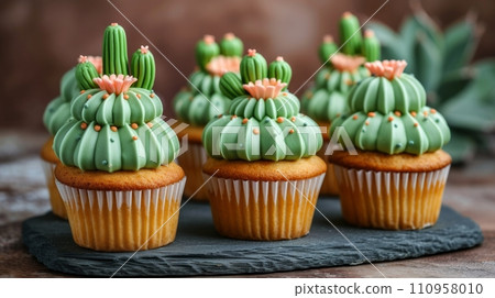Delicious cupcakes in the shape of cacti 110958010