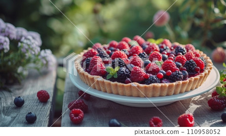 Fresh berry pie on a wooden table in a wide summer garden 110958052