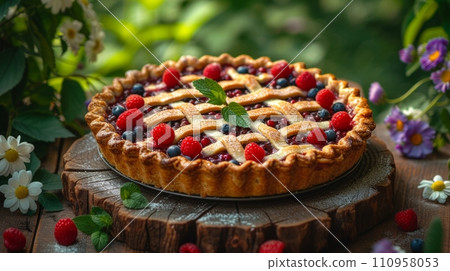 Fresh berry pie on a wooden table in a wide summer garden 110958053