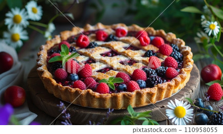 Fresh berry pie on a wooden table in a wide summer garden 110958055
