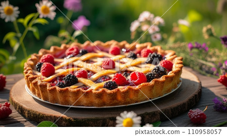Fresh berry pie on a wooden table in a wide summer garden Fresh berry pie on a wooden table in a wide summer garden 110958057