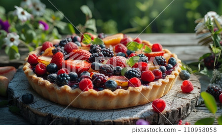 Fresh berry pie on a wooden table in a wide summer garden Fresh berry pie on a wooden table in a wide summer garden 110958058