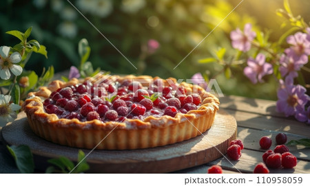 Fresh berry pie on a wooden table in a wide summer garden Fresh berry pie on a wooden table in a wide summer garden 110958059