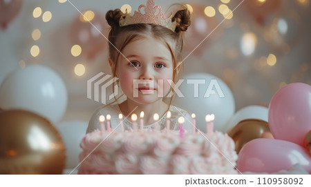 girl in princess crown with two pigtails sits near a large pink cake with 5 candles 110958092