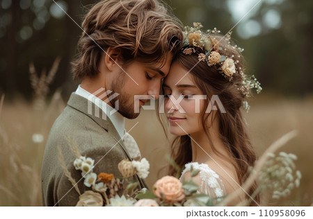 groom and bride and flowers on their grooms head groom and bride and flowers on their grooms head 110958096