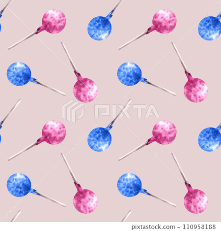 Watercolor seamless pattern with pink and blue pop cakes Hand drawn illustration party candies Lollipop print for wallpapers, wrapping, birthday deco, scrapbooking, bakery Isolated on light background 110958188
