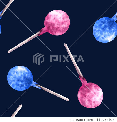 Watercolor seamless pattern with pink and blue pop cakes Hand drawn illustration party candies Lollipop print for wallpapers, wrapping, birthday deco, scrapbooking, bakery. Isolated dark background 110958192