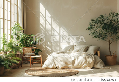an empty bedroom with neutral furniture and fresh plants an empty bedroom with neutral furniture and fresh plants 110958203