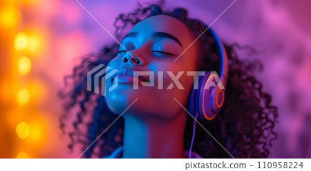 happy young female wearing headphones and listening to music on purple background happy young female wearing headphones and listening to music on purple background 110958224