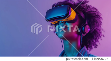 happy young female wearing headphones and listening to music on purple background happy young female wearing headphones and listening to music on purple background 110958226