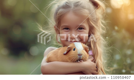 Little girl holding a cute guinea pig in her arms Little girl holding a cute guinea pig in her arms 110958407