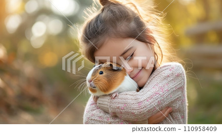 Little girl holding a cute guinea pig in her arms Little girl holding a cute guinea pig in her arms 110958409