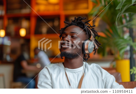 man in headphones in a cafe with white shirt listening to music man in headphones in a cafe with white shirt listening to music 110958411