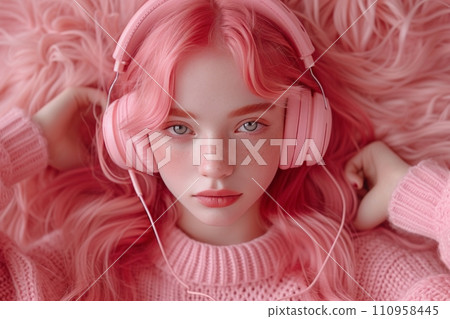 pink haired girl wearing headphones with pink sweater on a pink background 110958445