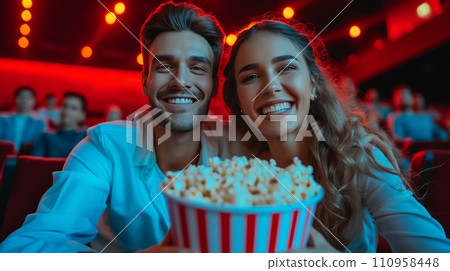 Beautiful young couple sitting in a cinema with a big bucket of popcorn Beautiful young couple sitting in a cinema with a big bucket of popcorn 110958448