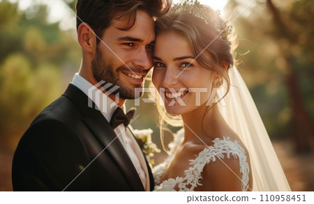portrait of wedding couple near the forest portrait of wedding couple near the forest 110958451