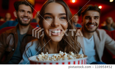 Beautiful young couple sitting in a cinema with a big bucket of popcorn Beautiful young couple sitting in a cinema with a big bucket of popcorn 110958452
