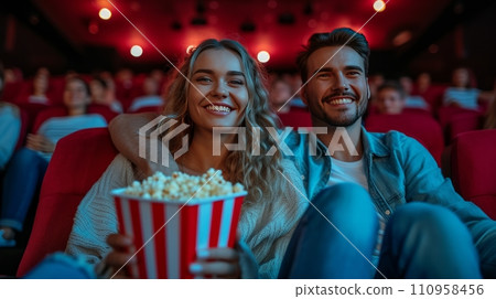 Beautiful young couple sitting in a cinema with a big bucket of popcorn Beautiful young couple sitting in a cinema with a big bucket of popcorn 110958456