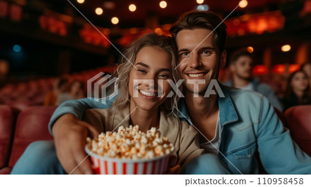 Beautiful young couple sitting in a cinema with a big bucket of popcorn Beautiful young couple sitting in a cinema with a big bucket of popcorn 110958458
