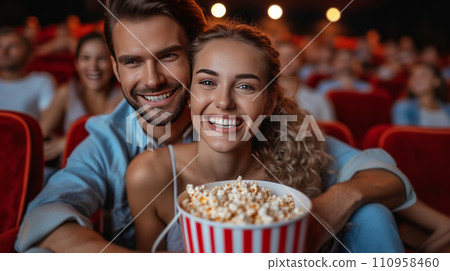 Beautiful young couple sitting in a cinema with a big bucket of popcorn 110958460