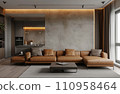 the design of a minimalist living room with brown leather sofa 110958464