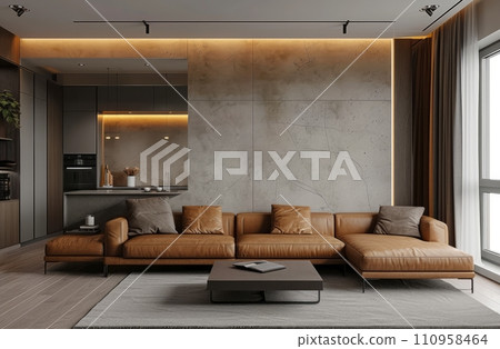 the design of a minimalist living room with brown leather sofa the design of a minimalist living room with brown leather sofa 110958464
