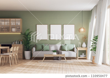 Modern contemporary cozy green wall living and dining room 3d render 110958477