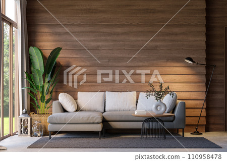 Modern contemporary loft style wooden living room with empty plank wall 3d render 110958478