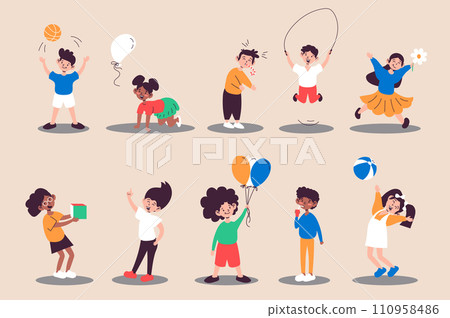 Children playing set in flat design. Boys and girls with balls, cube, balloons, eats candy or drinks. Bundle of diverse people and multiracial characters. Illustration isolated persons for web Children playing set in flat design. Boys and girls with balls, cube, balloons, eats candy or drinks. Bundle of diverse people and multiracial characters. Illustration isolated persons for web 110958486