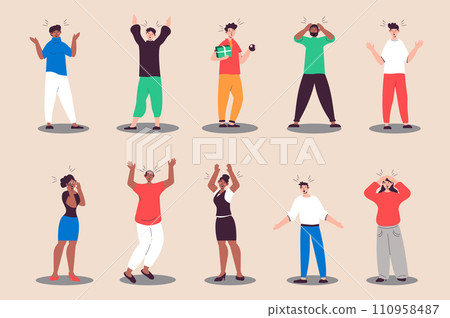 Astonished and surprised people set in flat design. Women and men express amazed, unexpected and wonder feeling. Bundle of diverse multiracial characters. Illustration isolated persons for web Astonished and surprised people set in flat design. Women and men express amazed, unexpected and wonder feeling. Bundle of diverse multiracial characters. Illustration isolated persons for web 110958487