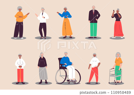Elderly people set in flat design. Retired women and men standing and walking, grandfather in wheelchair, other. Bundle of diverse multiracial characters. Illustration isolated persons for web Elderly people set in flat design. Retired women and men standing and walking, grandfather in wheelchair, other. Bundle of diverse multiracial characters. Illustration isolated persons for web 110958489