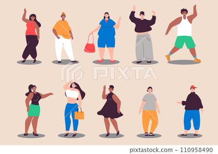 Body-positive people set in flat design. Women and men in modern plus-size outfits and different figure types. Bundle of diverse multiracial characters. Illustration isolated persons for web 110958490