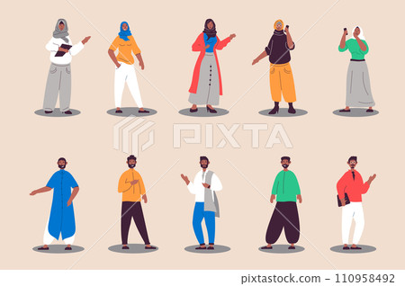 Arabian people set in flat design. Happy women and men in modern outfits and traditional ethnic clothes and muslim hijab. Bundle of diverse characters. Illustration isolated persons for web 110958492
