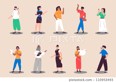 Businesswoman people set in flat design. Happy women making business calls, doing tasks, negotiation in office. Bundle of diverse multiracial characters. Illustration isolated persons for web 110958493