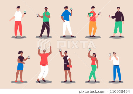 People showing mobile phone set in flat design. Happy men and women holding smartphones and showing cell phone displays. Bundle of diverse characters. Illustration isolated persons for web 110958494