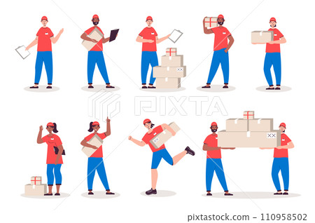 Delivery staff people set in flat design. Men and women work in warehouse, couriers and workers carrying parcels and boxes. Bundle of diverse characters. Illustration isolated persons for web 110958502