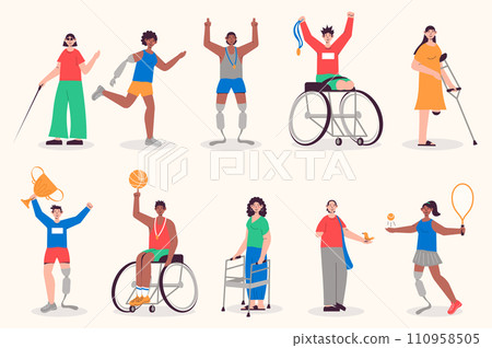 People with disabilities set in flat design. Men and women with protesis hands and legs, blind, on wheelchair. Bundle of diverse disabilities characters. Illustration isolated persons for web 110958505