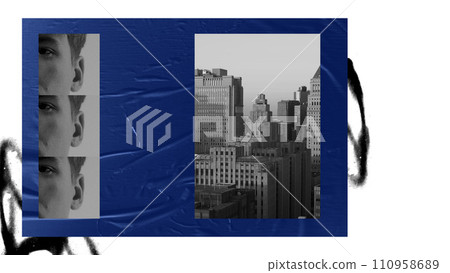 Social documentary series cover about urban life and individual experiences. Art design with male facial fragments with monochrome cityscape on blue background. Social documentary series cover about urban life and individual experiences. Art design with male facial fragments with monochrome cityscape on blue background. 110958689