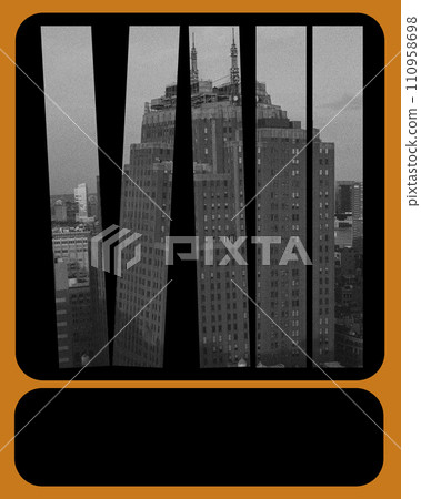 Architectural photography exhibition focused on Art Deco skyscrapers. Sepia-toned image divided by vertical lines showing a skyscraper, vintage urban scene 110958698