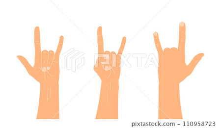 Hard rock horns sign. Rock hand sign hands set. Vector illustration Hard rock horns sign. Rock hand sign hands set. Vector illustration 110958723