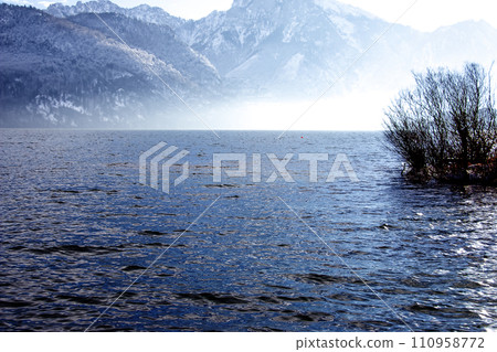 Landscape on Lake Traunsee in Salzkammergut in Upper Austria in winter. Landscape on Lake Traunsee in Salzkammergut in Upper Austria in winter. 110958772