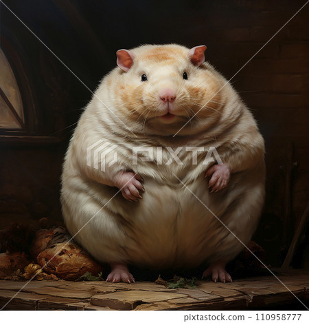 A very fat fat white white hamster stands on its hind legs on a black background portrait, close-up, funny pet 110958777