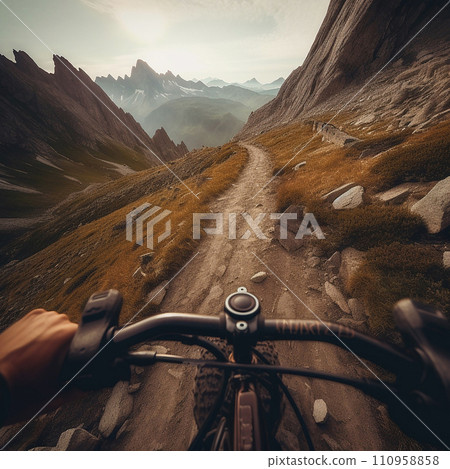 Road in the mountains through the eyes of a cyclist, first-person shooting, head-mounted camera, beautiful natural landscape, unusual angle Road in the mountains through the eyes of a cyclist, first-person shooting, head-mounted camera, beautiful natural landscape, unusual angle 110958858