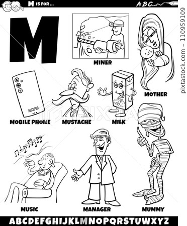 Letter M set with cartoon objects and characters coloring page 110959109