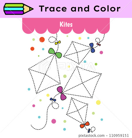 Pen tracing lines activity worksheet for children. Pencil control for kids practicing motoric skills. Kite coloring educational printable worksheet. Vector illustration. 110959151