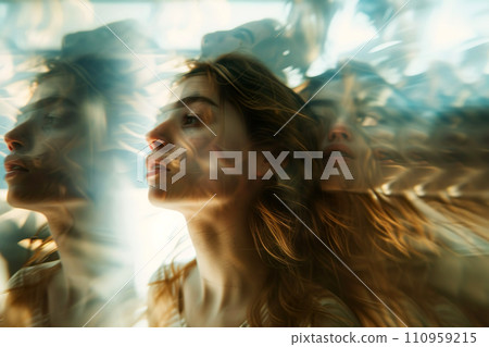 AI-generated content. Portrait of young woman in profile view. Split personality concept  110959215