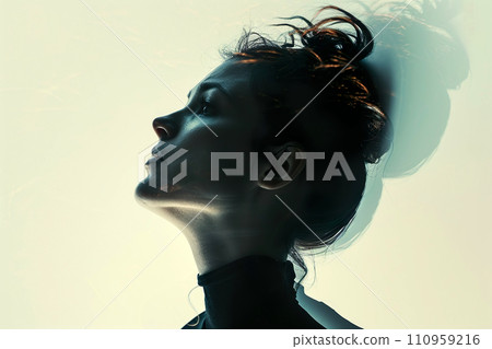 AI-generated content. Portrait of young woman in profile view.Concept of human emotions, facial expression, sales, fashion, beauty. Futuristic 110959216