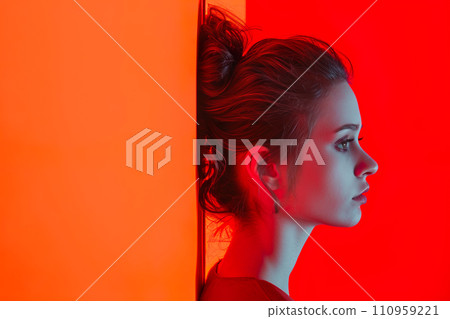 AI-generated content. Portrait of young woman in profile view. Concept of loneliness. 110959221